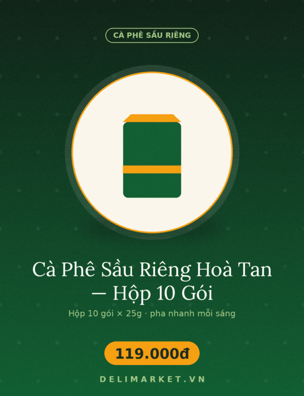 Cà Phê Sầu Riêng Hoà Tan — Hộp 10 Gói — Delimarket, Hộp 10 gói cà phê sầu riêng hoà tan — pha nhanh, vị sầu riêng thật từ sầu riêng
