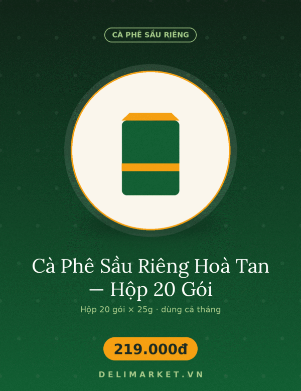 Cà Phê Sầu Riêng Hoà Tan — Hộp 20 Gói — Delimarket, Hộp 20 gói cà phê sầu riêng hoà tan — dùng cả tháng, tính ra rẻ hơn mua hai hộp