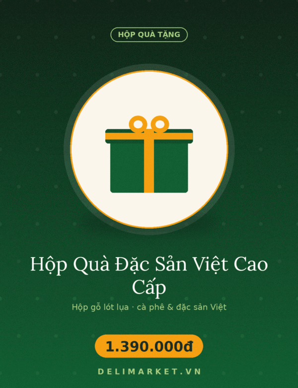 Hộp Quà Đặc Sản Việt Cao Cấp Hộp Quà Đặc Sản Việt Cao Cấp — Delimarket, Hộp quà cao cấp trong hộp gỗ: hai loại cà phê đặc sản, bốn gói trái cây sấy và s