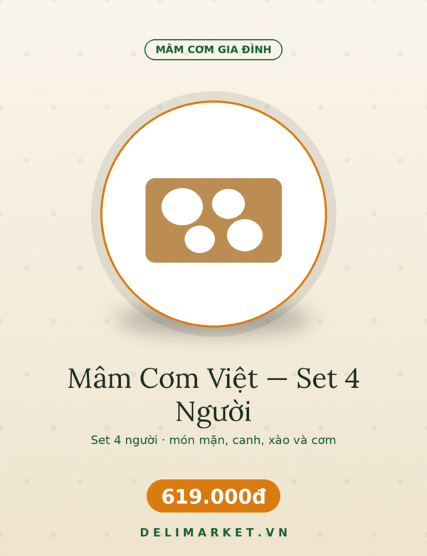 Mâm Cơm Việt — Set 4 Người — Delimarket, Set cơm 4 người: cá basa kho tộ, canh chua, món xào và cơm — hâm 12 phút là dọn